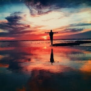 ocean, sunset, person